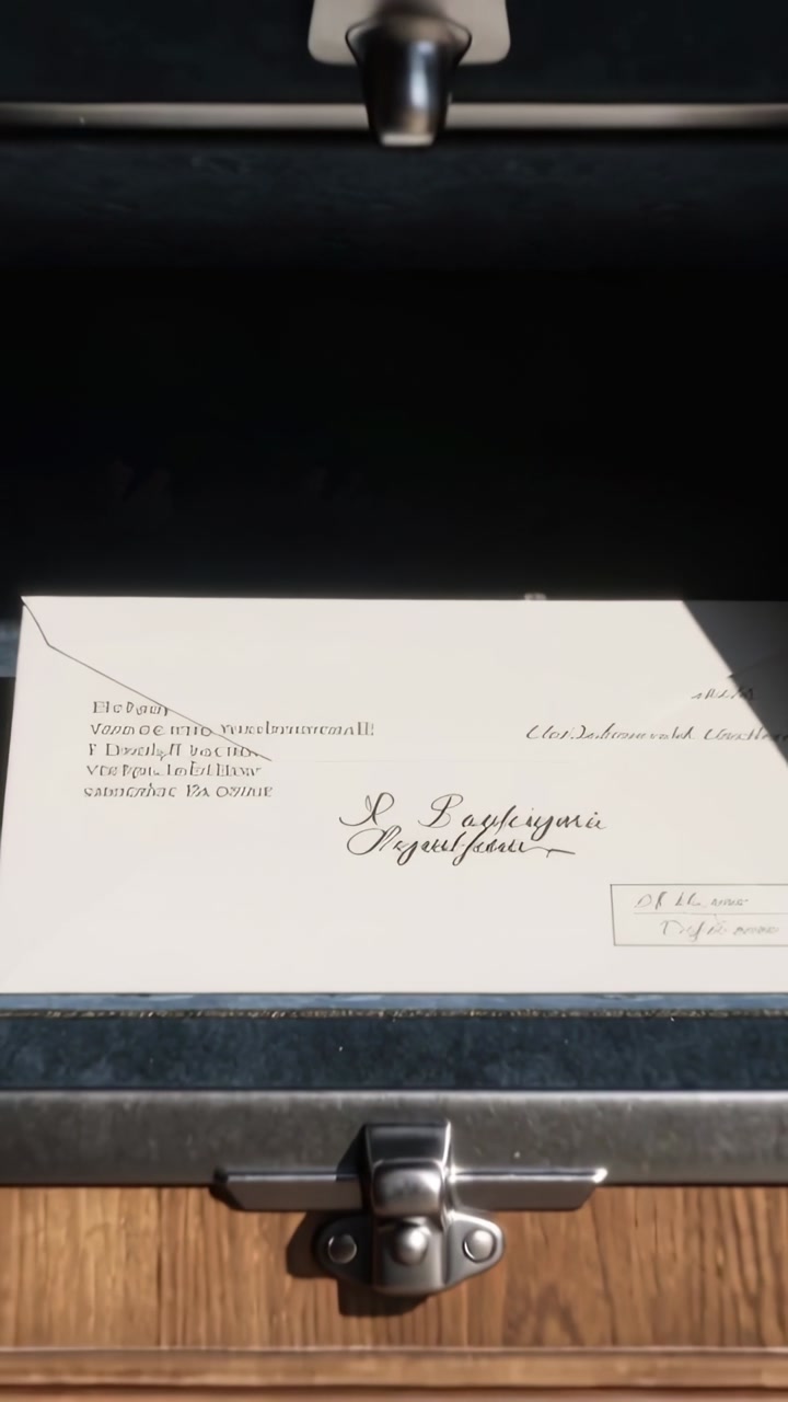 Vertical video: Latch releasing, cream envelope coming into wooden box, sunlight crossing name