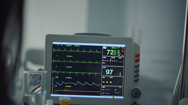 Woman holding patient hand in ward closeup. Hospital heartbeat computer screen.