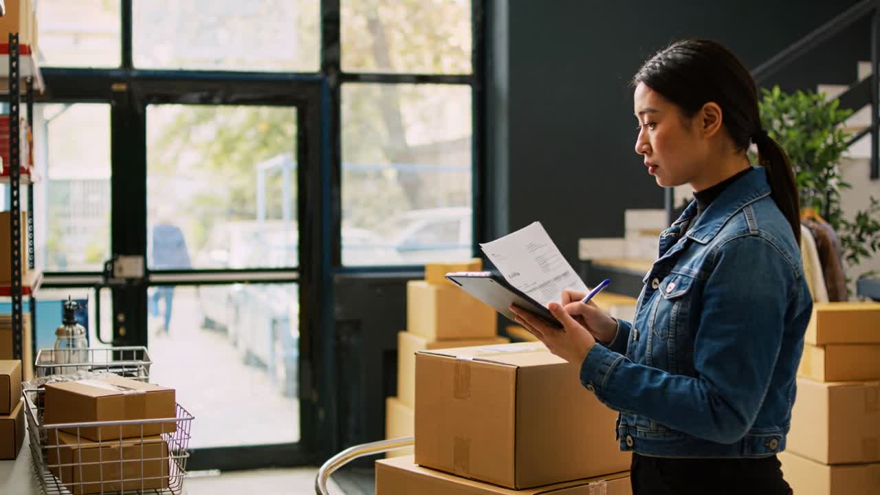 Shop clerk checking forms and marking list while animated labels tagging boxes for shipping