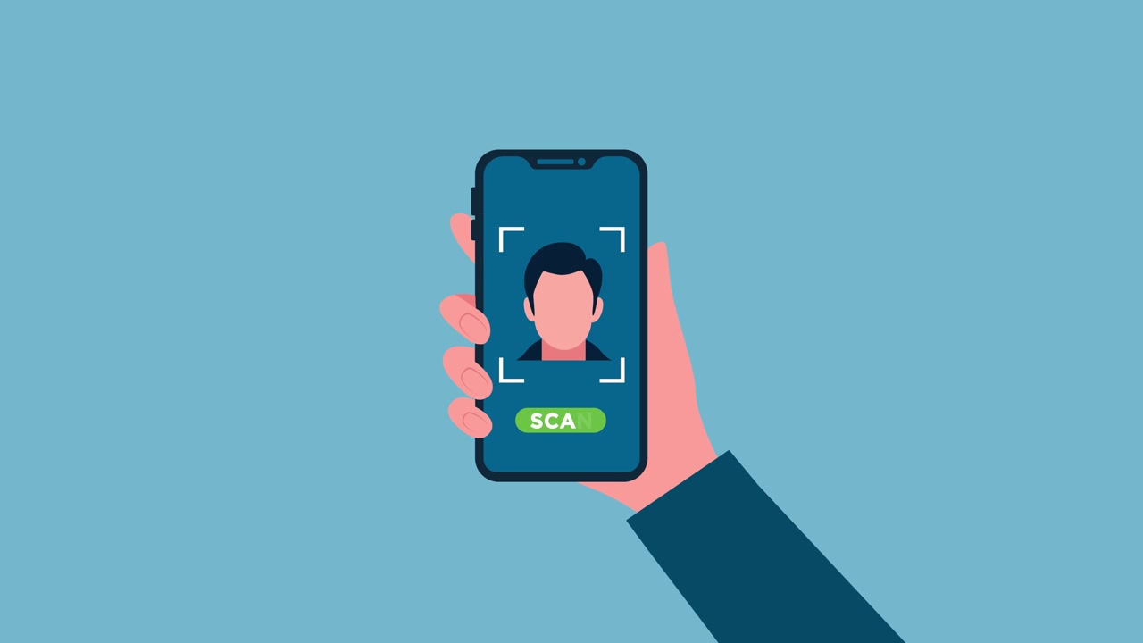 Animated Hand Holding Smartphone Performing Facial Recognition Scan
