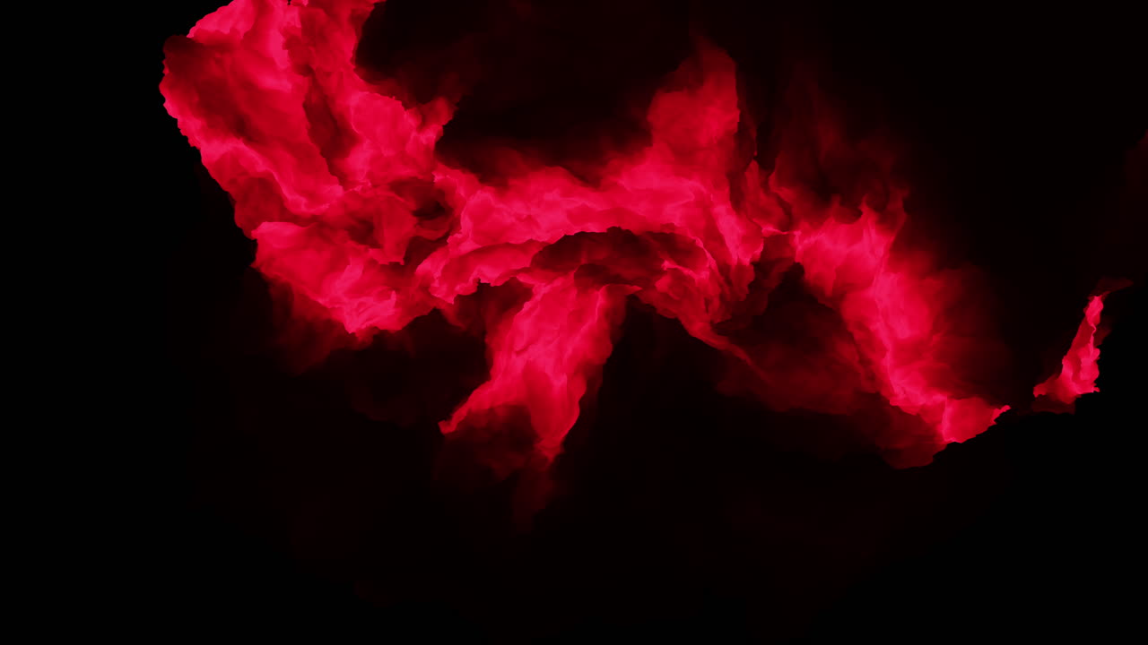 暗い空間の黒い背景に漂い渦巻く、躍動的な抽象的な赤い煙またはインクの雲。オーバーレイ、タイトル、トランジション、VFX向けの雰囲気のある動き。