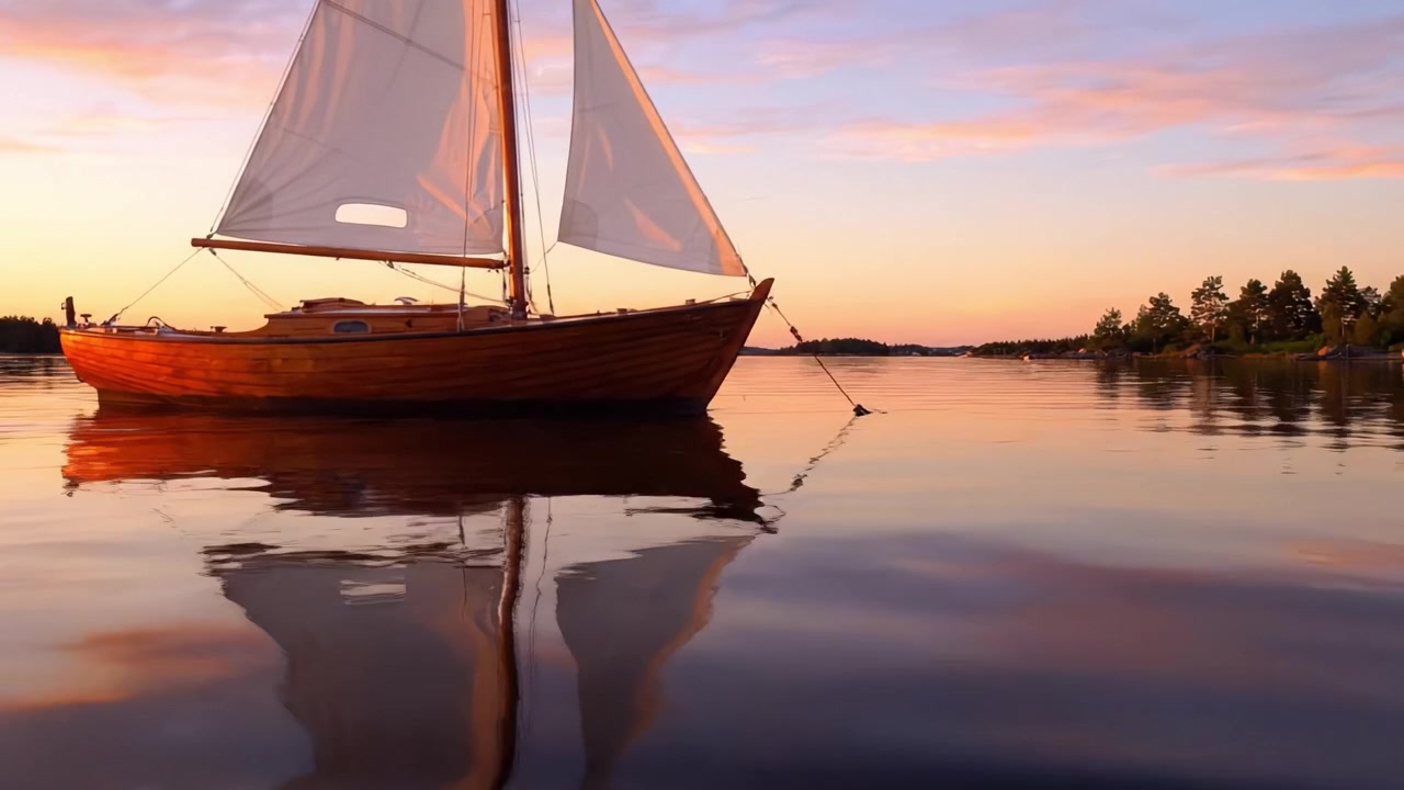 Una serata tranquilla sull'acqua: una bellissima barca a vela in legno ancorata sotto un cielo mozzafiato di un tramonto colorato si riflette sulle acque calme.