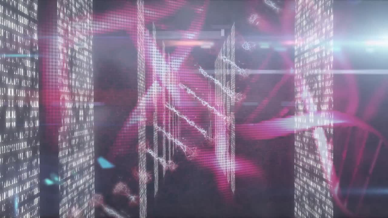 animación de cadenas de adn girando y procesamiento de datos médicos