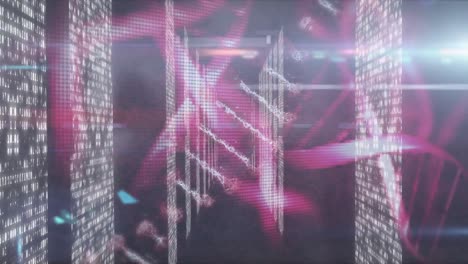 animation of dna strands spinning and medical data processing