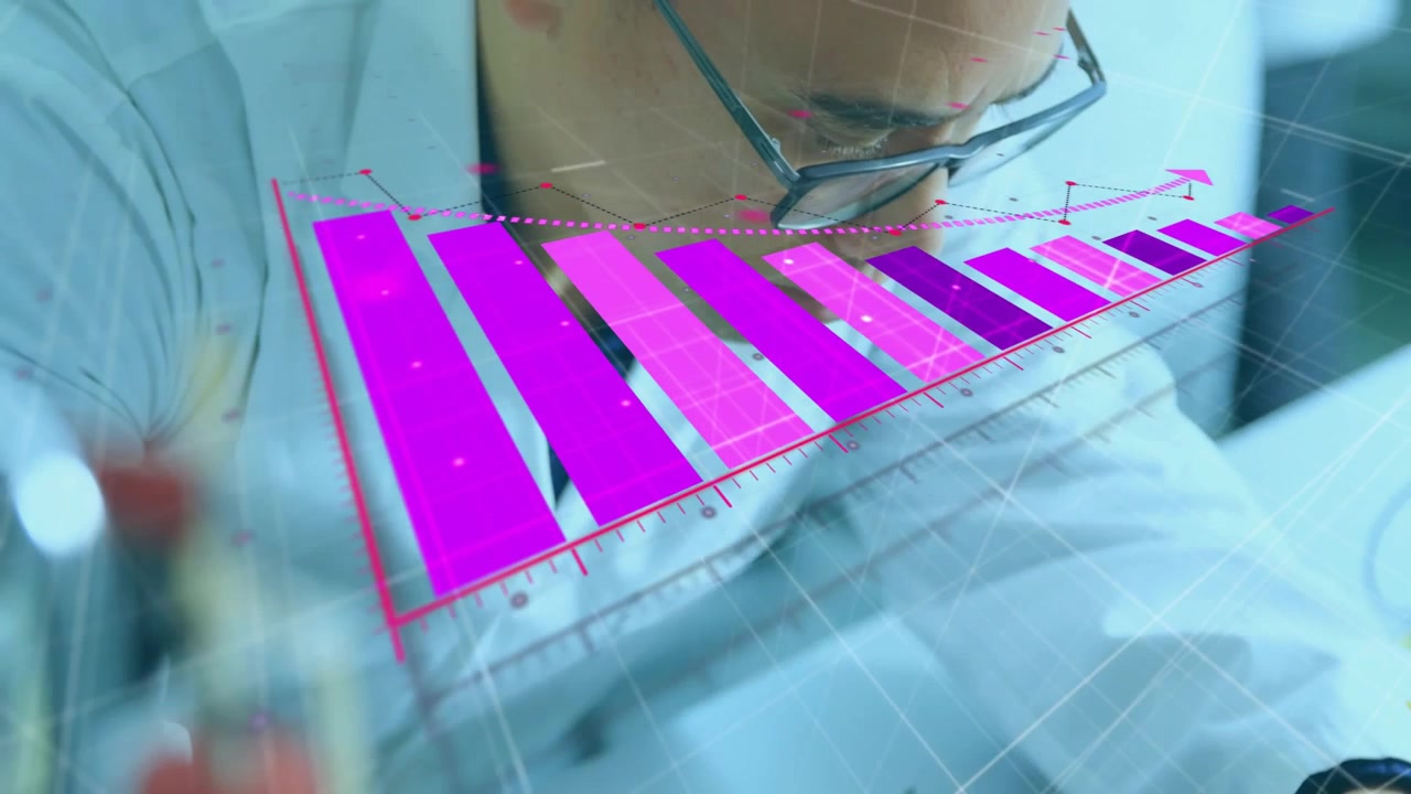 Tecnico che inizia a saldare i fili su un circuito stampato e genera un grafico a barre magenta per le metriche tecnologiche.