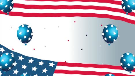 estados unidos de américa celebración tarjeta animada con bandera ondeando y globos de helio