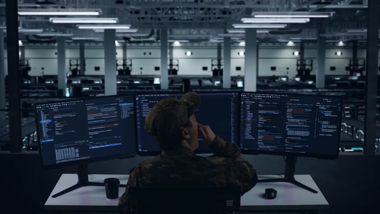 Back View Of Tired Asian Military Yawning Before Sleeping While Write Code With Multiple Computer Screens In Data Center