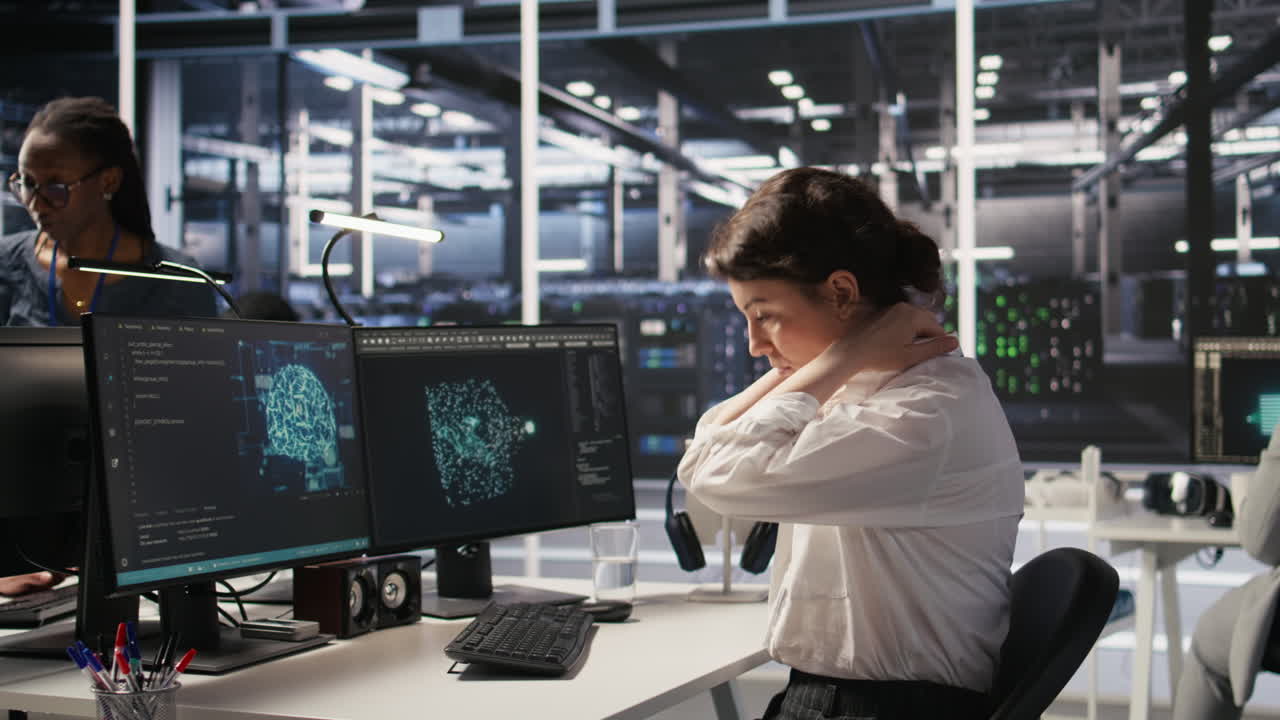 Vertical video Fatigued data center engineer stretching, monitoring server clusters