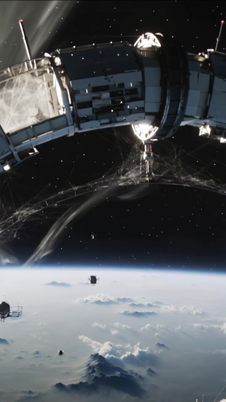 Vertical video: Panning camera revealing ring orbital station showing filaments above planet clouds