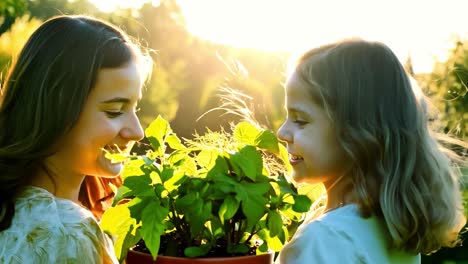 a mother and daughter are smiling at each other while holding a potted plant in the garden