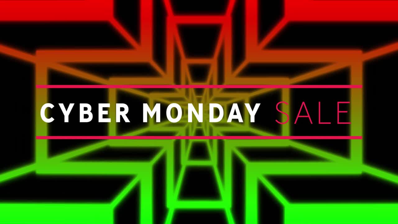 Animation of cyber monday sale text over shapes on black background