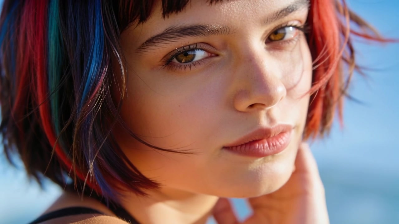 Sollevando ciocche, la brezza spinge una donna con un caschetto rosso-blu che si sistema i capelli al mare, con un top nero a spalline illuminato dal sole