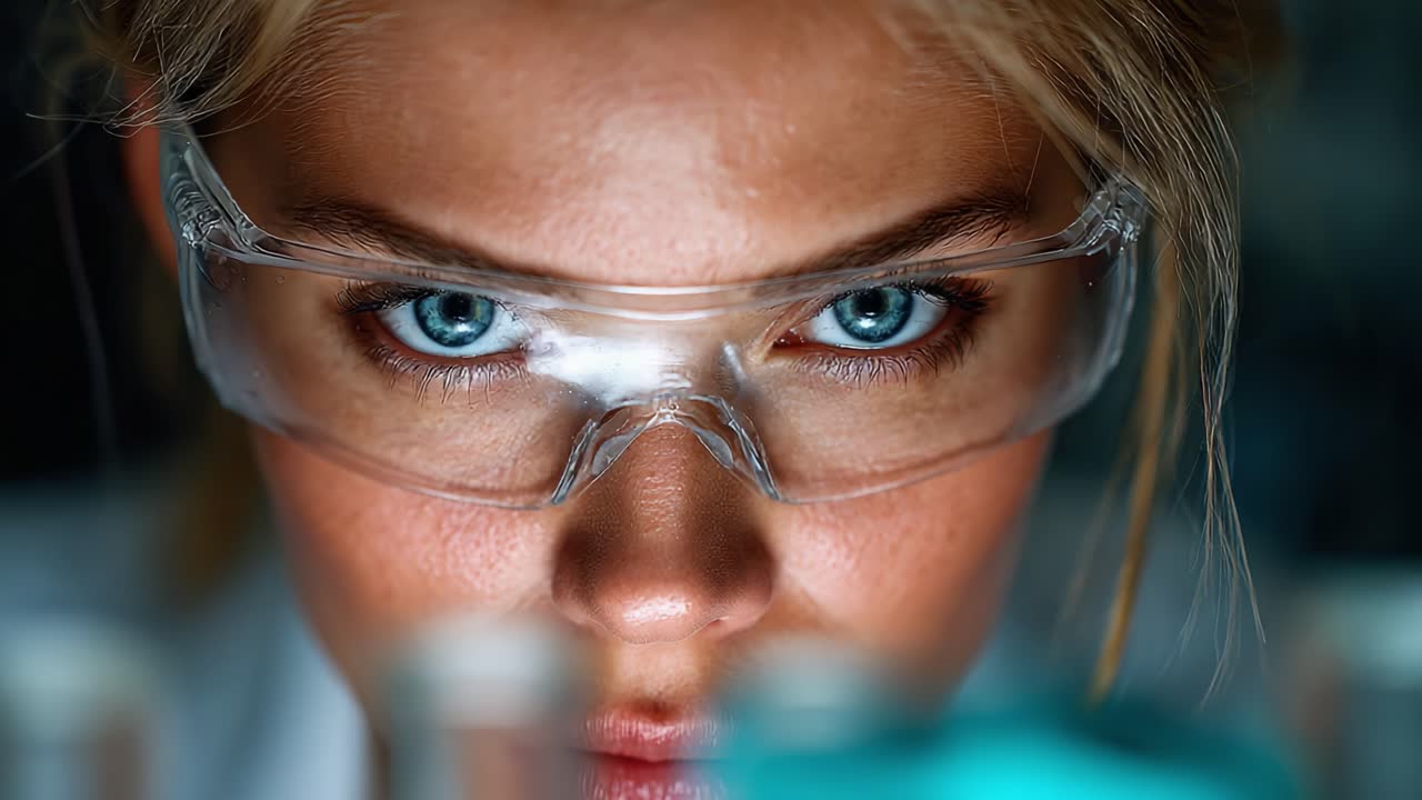 Intense Focus: A Close-Up of a Young Scientist in Safety Glasses Analyzing Colorful Laboratory Samples with Determination and Precision