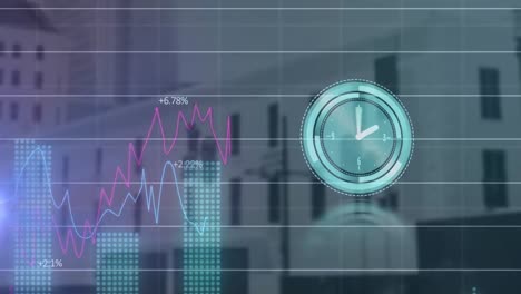 animación de reloj de neón, punto de luz y procesamiento de datos estadísticos contra edificios altos.