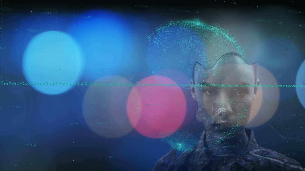 animación del procesamiento de datos sobre mujer caucásica y manchas.