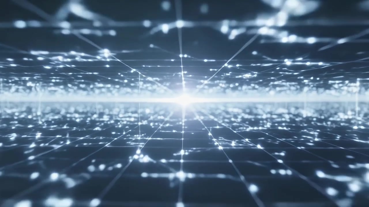 Receding grid plane moving to bright core, flare growing, washing detail, nodes pulsing in CGI