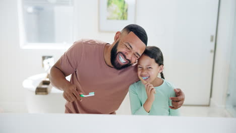 Happy-father,-girl-and-hug-brushing-teeth