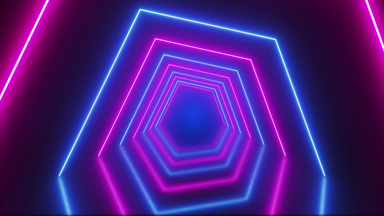 Moving neon tunnel. Blue and red lines of portal glowing and reflected on floor. Looped seamless animation.