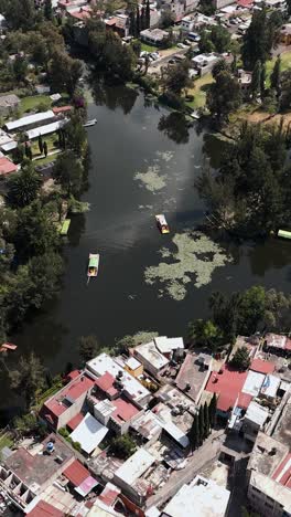 vertical mode aerial capture of xochimilco's trajineras on a sunny afternoon. cdmx