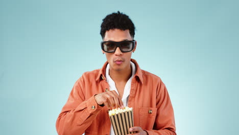 3d, gafas y hombre con palomitas de maíz