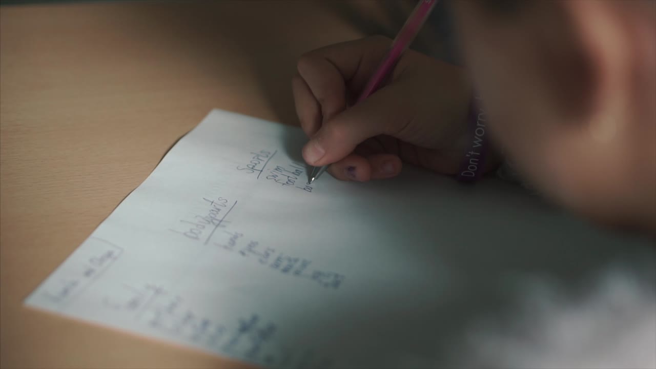 학생이 메모를 쓰고 있습니다.