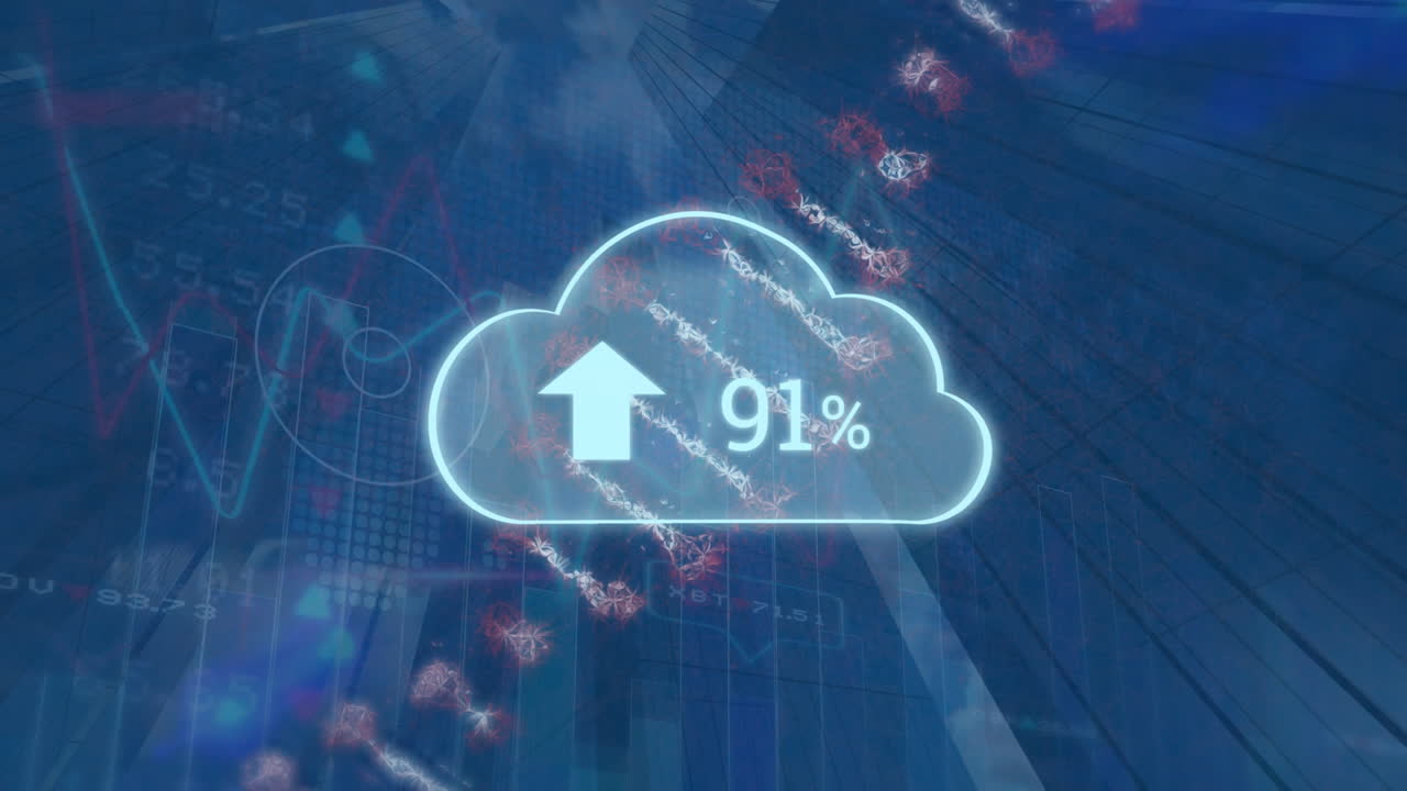 animación de nube con números y cadena de adn sobre gráficos y datos en fondo azul