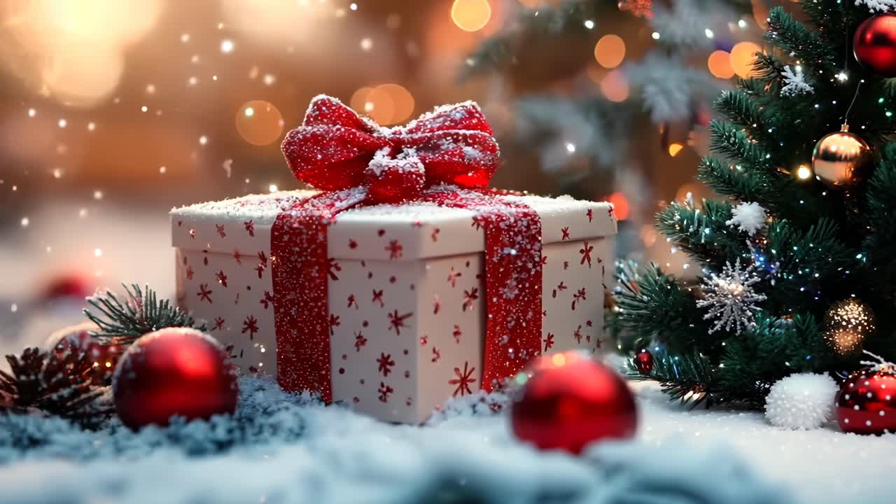 A white box with a red bow on top of it is surrounded by red and white Christmas decorations