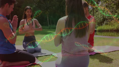 Practicing yoga outdoors, people with DNA strand animation overlay in park