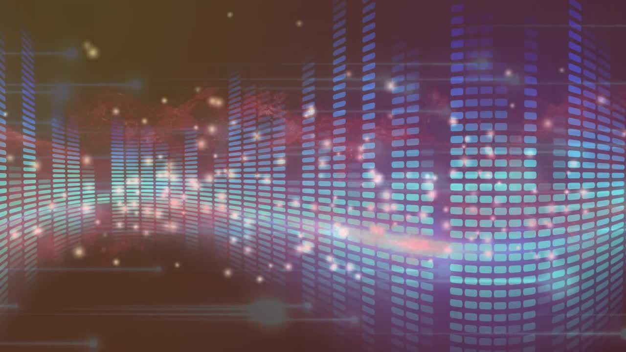 ⁇ 은 증기가 반 ⁇ 이는  ⁇  반점과 쌓인 파란 직사각형 불빛 위로 움직이는 애니메이션