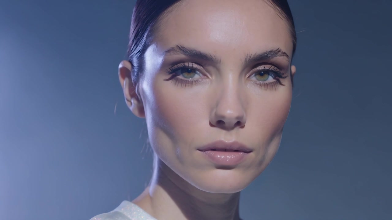 Modella in posa che mantiene lo sguardo in studio mentre la telecamera si avvicina, enfatizzando il trucco, con un top bianco e un effetto sfumato.