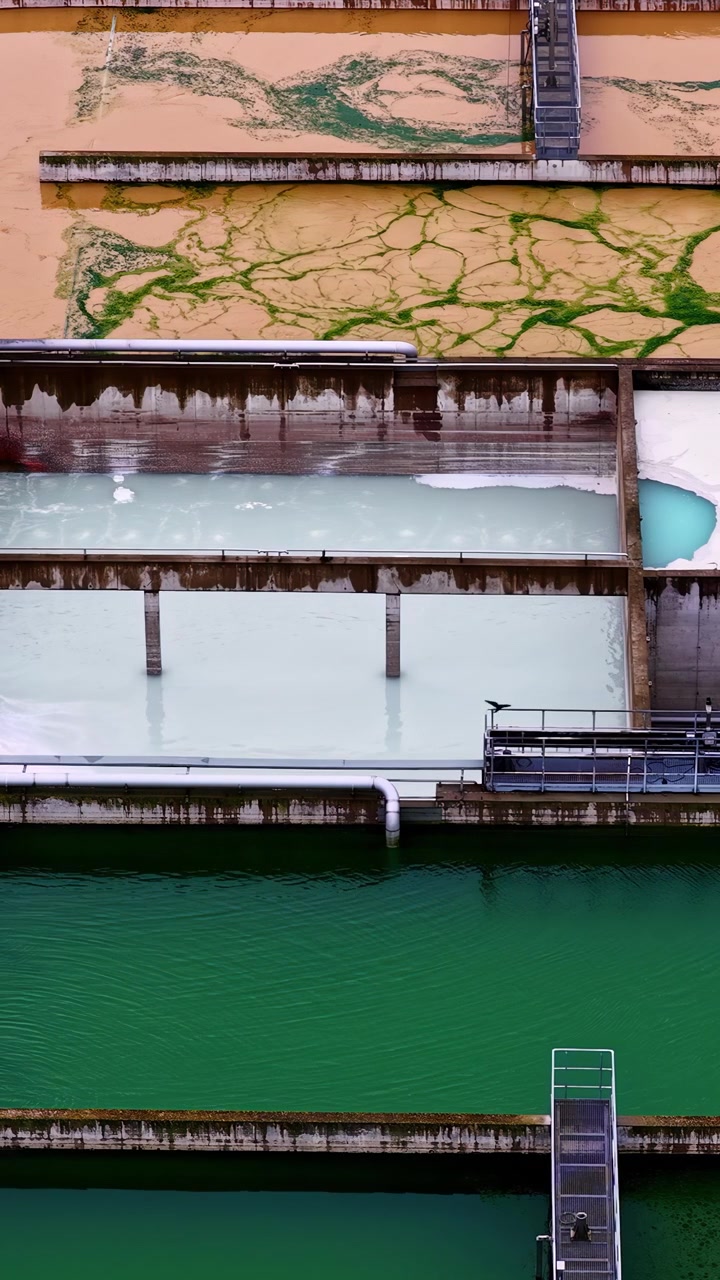 Aerial view of industrial wastewater treatment tanks and filtration basins managing water resources