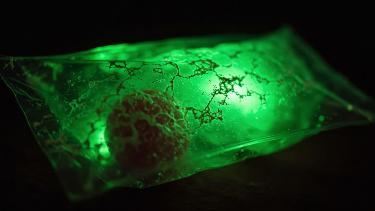 Illuminated Green Cell Structure: Two Frames Showcasing an Intriguing Glow Effect in a Transparent Medium with Intricate Patterns Around a Central Sphere
