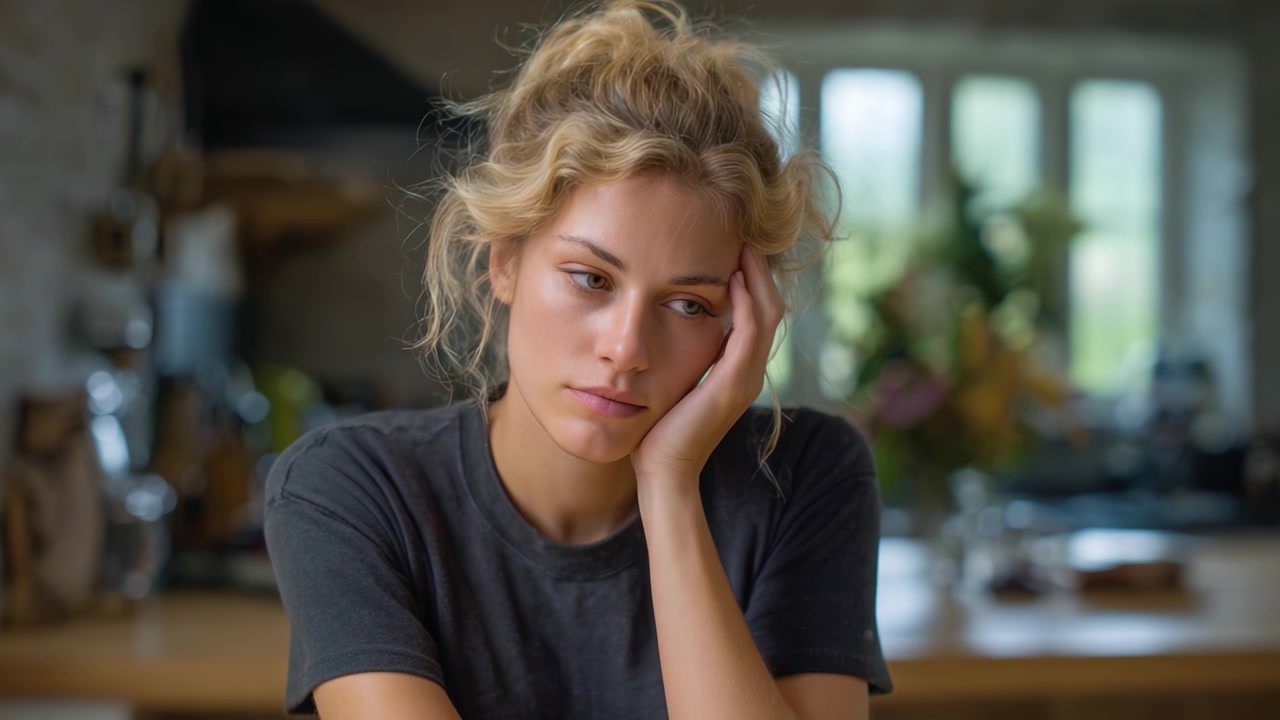 A Young Woman Reflects in Contemplation, Displaying a Sense of Melancholy in a Cozy, Natural Setting with Kitchen Background and Soft Lighting Enhancements