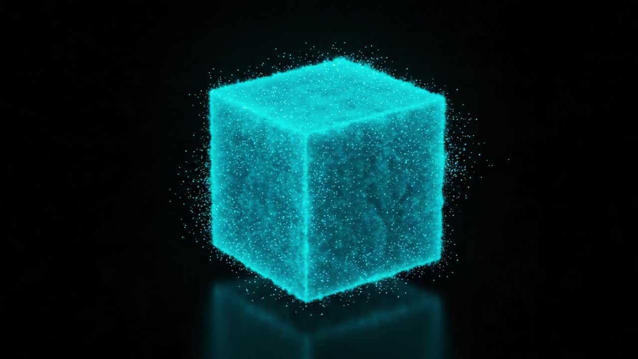 A mesmerizing visual sequence of a glowing, transparent cube surrounded by a delicate, sparkling particles in a dark backdrop, showcasing a dynamic and captivating energy