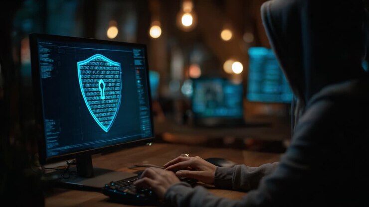 A Cybersecurity Expert in a Dark Room Analyzing Data on a Computer, Highlighting the Importance of Digital Protection and Vigilance in the Modern Technological Era
