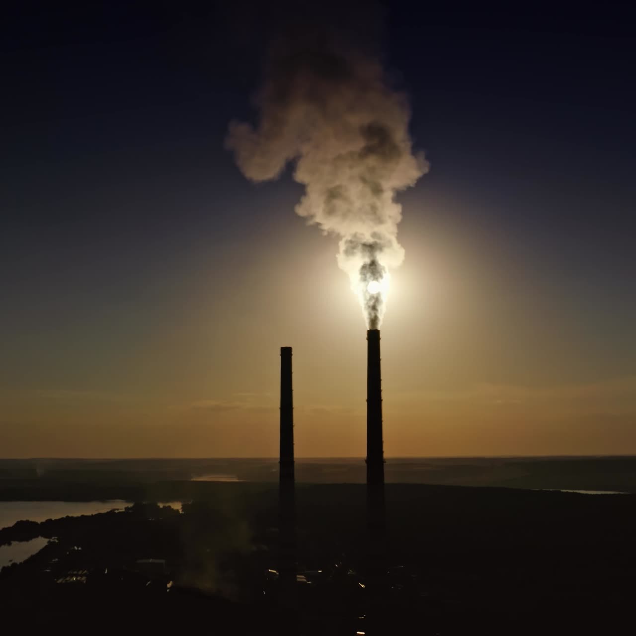 Dense smoke goes from industrial pipe in darkness. Toxic fumes filling the air at night. Dirty emissions from factory into nature. Aerial view.