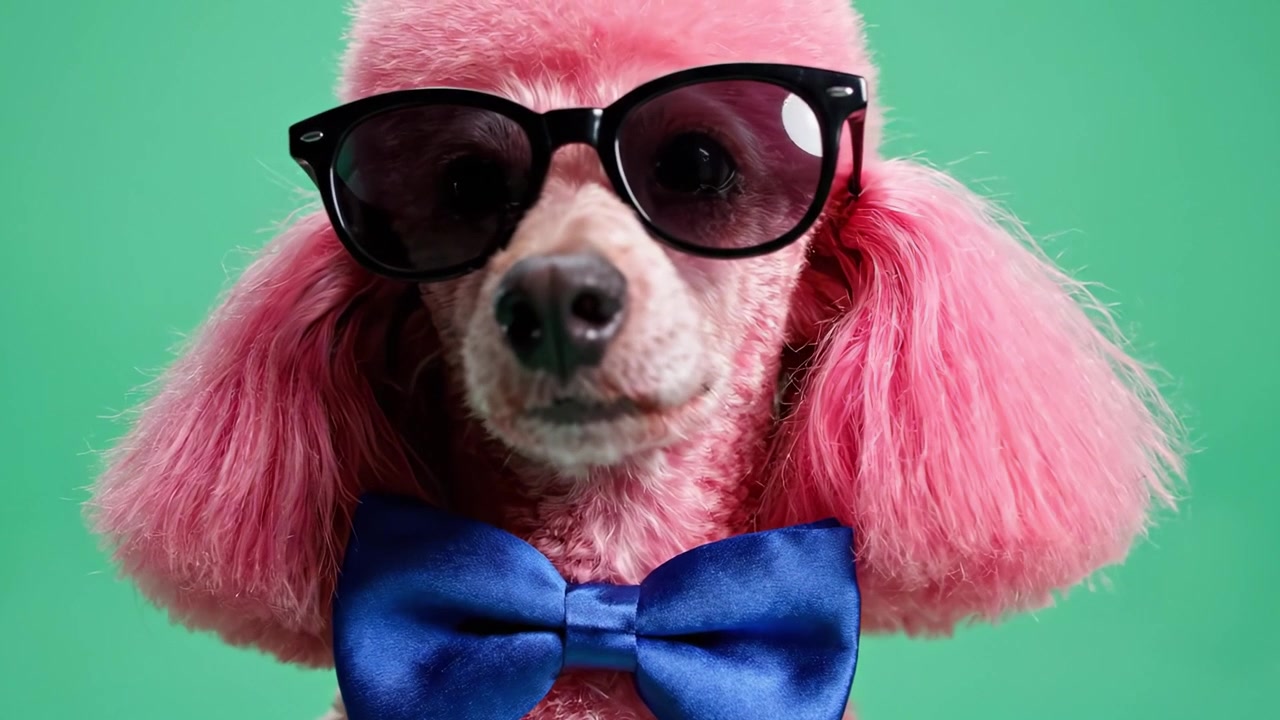 Un barboncino rosa elegante vestito per il successo: adornato con occhiali da sole e un papillon blu su uno sfondo verde vibrante, che mostra una personalità divertente e giocosa.