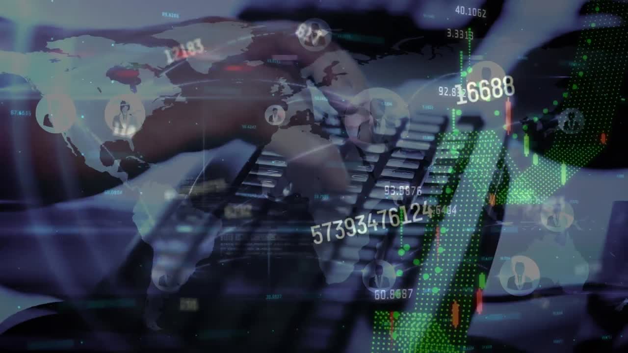 컴퓨터를 통해 소셜 미디어 아이콘과 숫자와의 연결 네트워크의 애니메이션