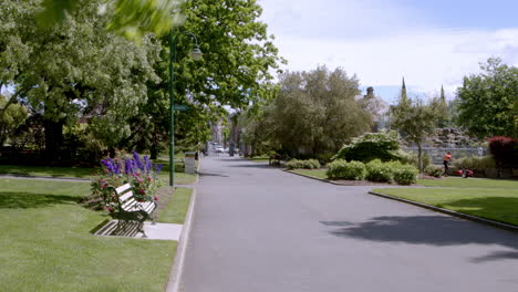 beautiful shot of park with pathway and trees waving by the wind in the afternoon time