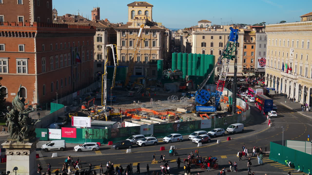 Piazza Venezia, view from Vittoriano Panorama of Rome. Italian flags