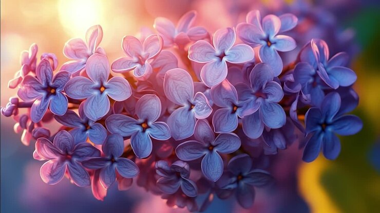 Fleurs de lilas éclatantes au soleil. Grappe de fleurs de lilas en pleine floraison, illuminée par la lumière chaude du soleil dans un jardin serein au printemps.