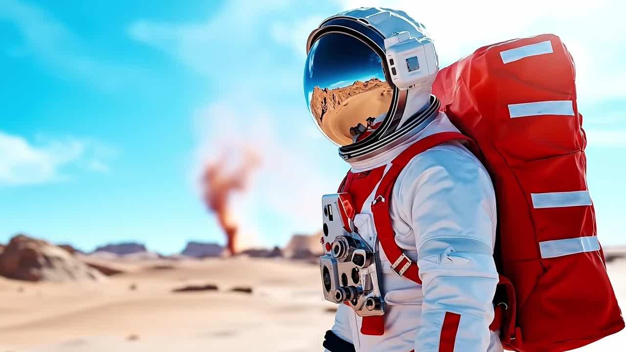 A man in a space suit with a backpack in the desert