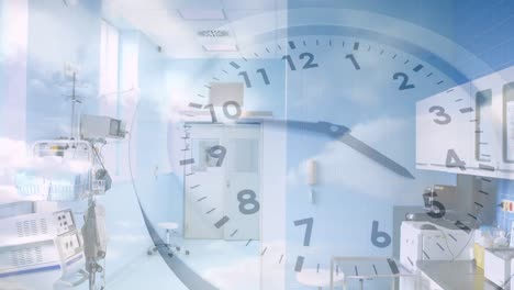 Animation-of-clouds-and-sky-over-clock,-surgeons-wearing-face-masks-running-in-hospital