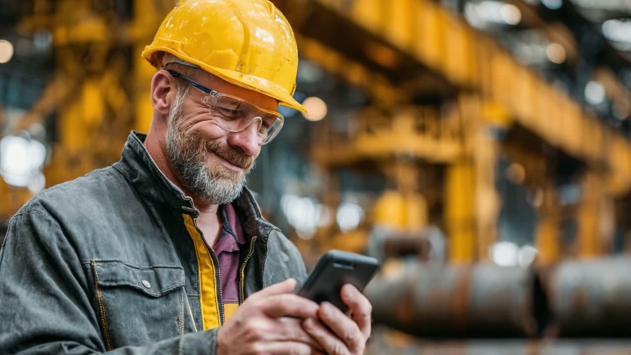 Un operaio edile con un cappello usa il suo smartphone all'interno di un affollato spazio di lavoro industriale, evidenziando la tecnologia nel moderno impiego