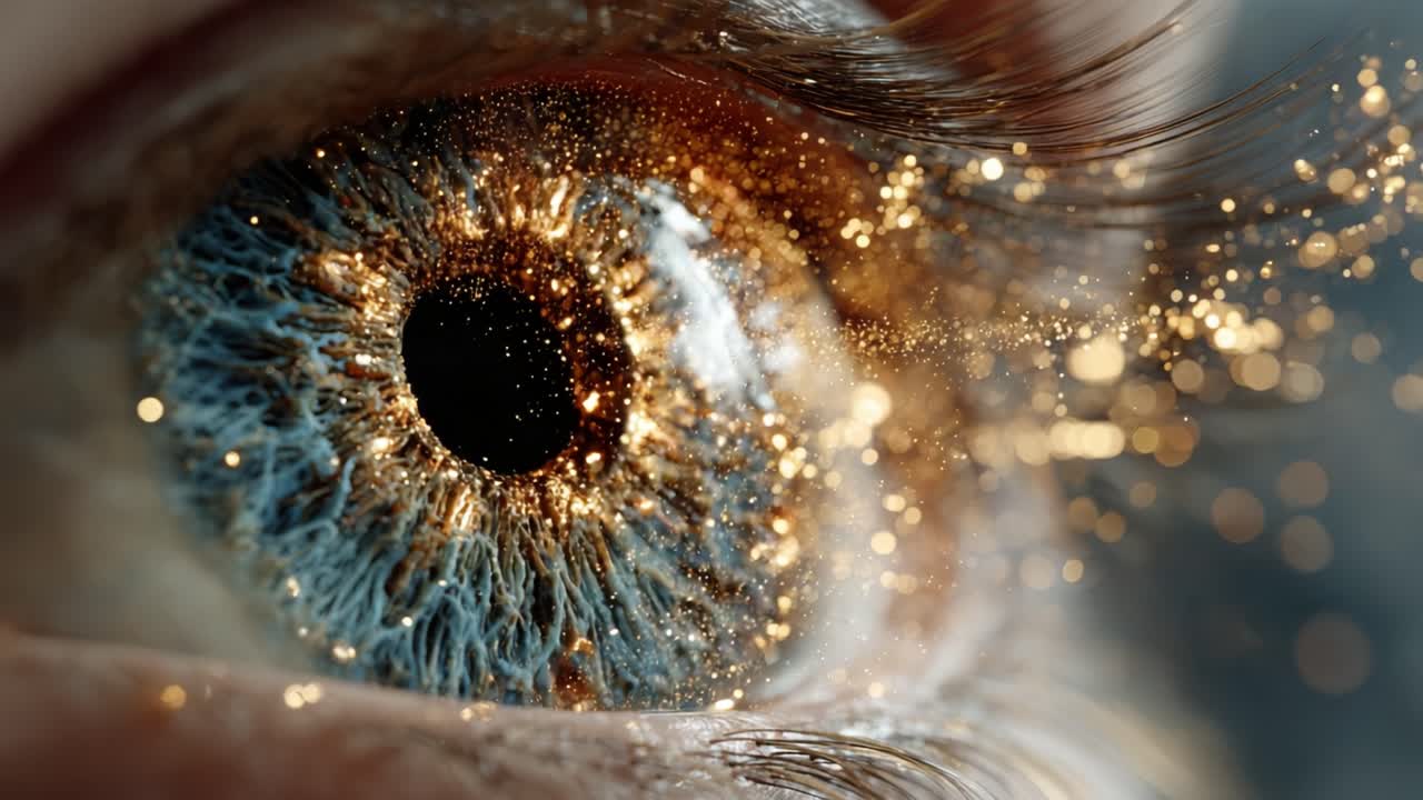 Extreme close up of a detailed blue and brown human iris with golden sparkling particles and glitter flowing across the pupil and eyelashes, creating a magical and dreamy festive effect