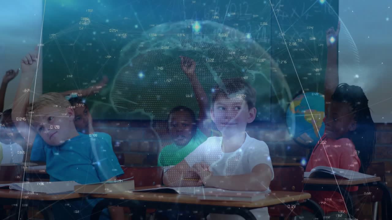 Children responding to teacher off-screen prompt raising hands under glowing brain network hologram