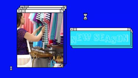 animation of new season text in stacked window, with woman clothes shopping in store