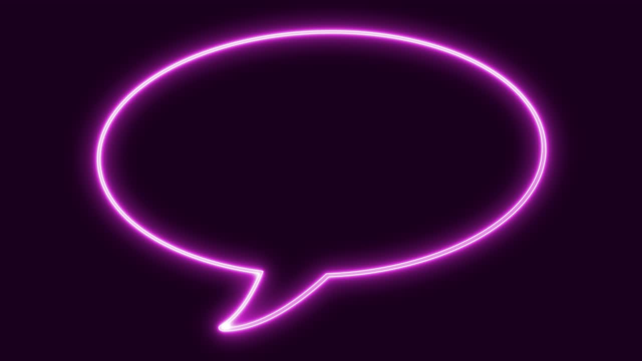 A neon sign in the shape of a comic book speech bubble, with an oval outline, flickering on and off at irregular intervals, glowing in a purple color