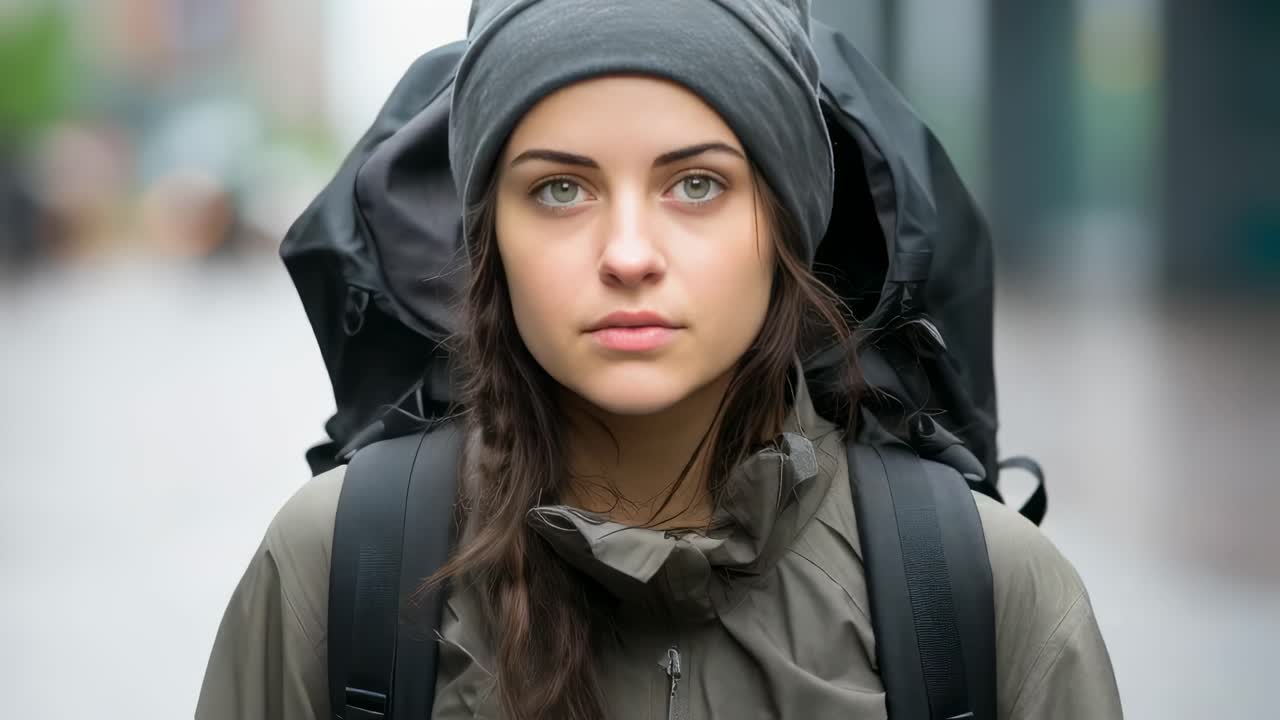 Young woman backpacker, dressed in winter attire and a cozy wool cap, confidently holding backpack straps while walking through the city on a chilly, overcast day