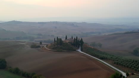 majestic aerial top view flight house morning atmosphere rural idyllic environment tuscany italy